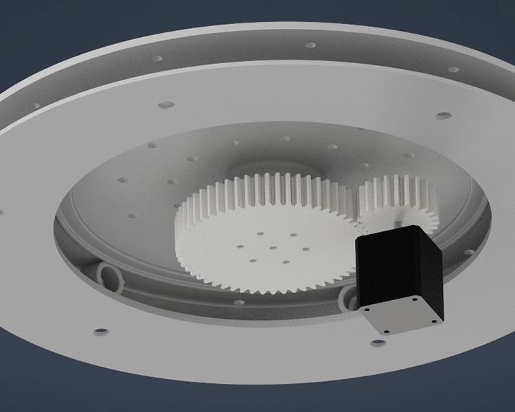 CAD-Modell einer Antriebseinheit mit Schrittmotor und Zahnradübersetzung im Maschinenbau
