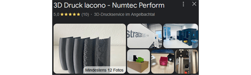 Google-Eintrag von 3D Druck Iacono – Numtec Perform mit 5-Sterne-Bewertung, Bildern von Bauteilen und Standort in Angelbachtal