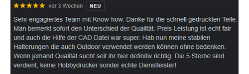 5-Sterne-Kundenbewertung für 3D Druck Iacono – herausragende Qualität, CAD-Hilfe und professionelle Ergebnisse