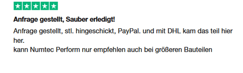 Trustpilot-Bewertung für Numtec Perform – einfache Anfrage, schnelle Lieferung, auch für große 3D-Druck-Bauteile geeignet